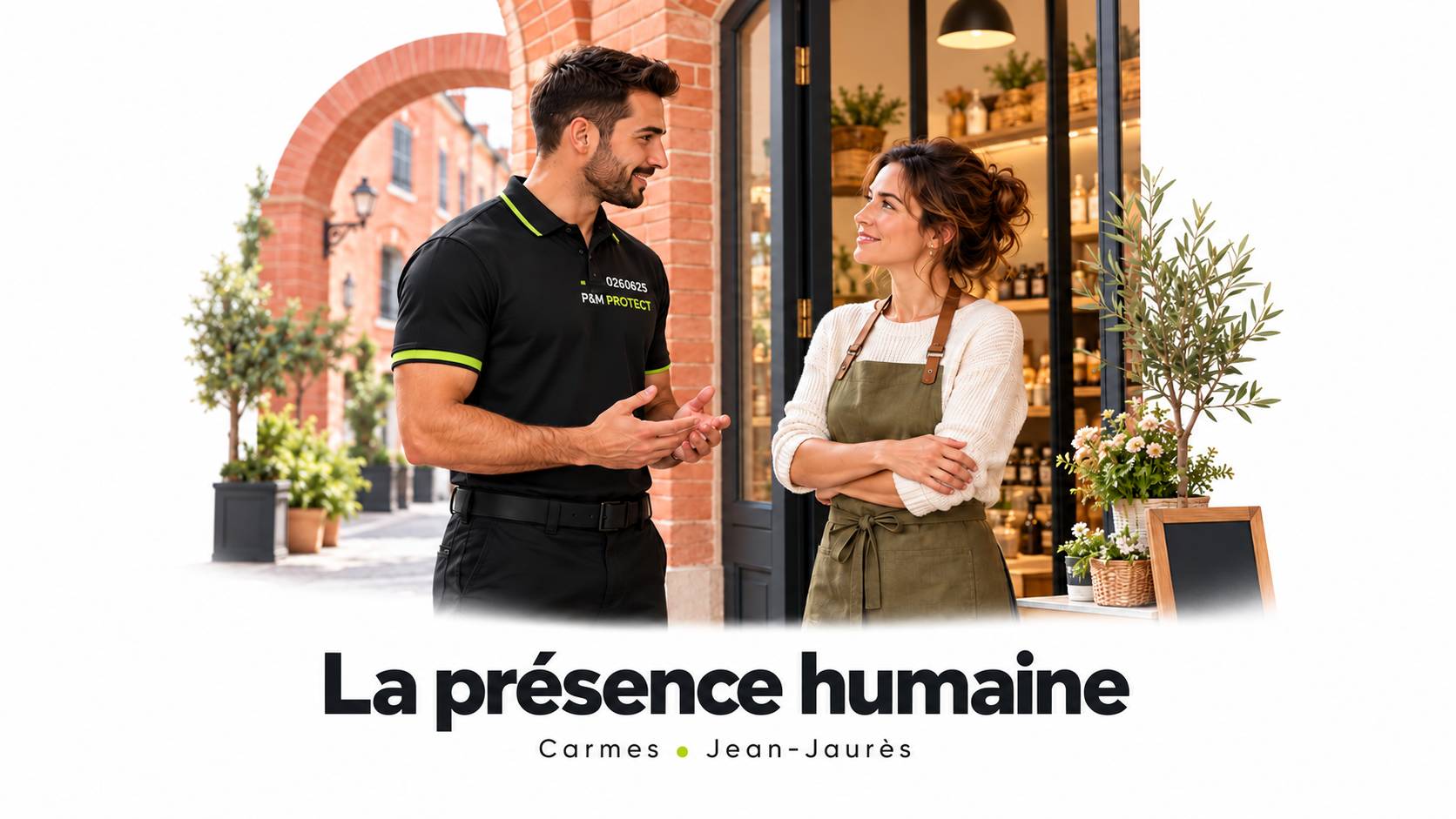 Illustration d'une présence humaine de sécurité aux côtés d'une commerçante, pour un article sur les Carmes et Jean-Jaurès à Toulouse